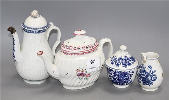 A Worcester blue and white coffee pot and cover, sugar bowl and cover and milk jug, c.1760-75 and a New Hall type teapot and cover c. 1